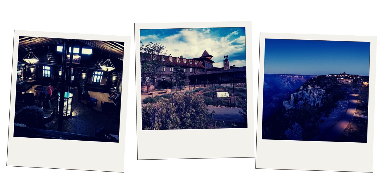 Three Polaroids of a rustic lodge lobby and the El Tovar Hotel above the Grand Canyon