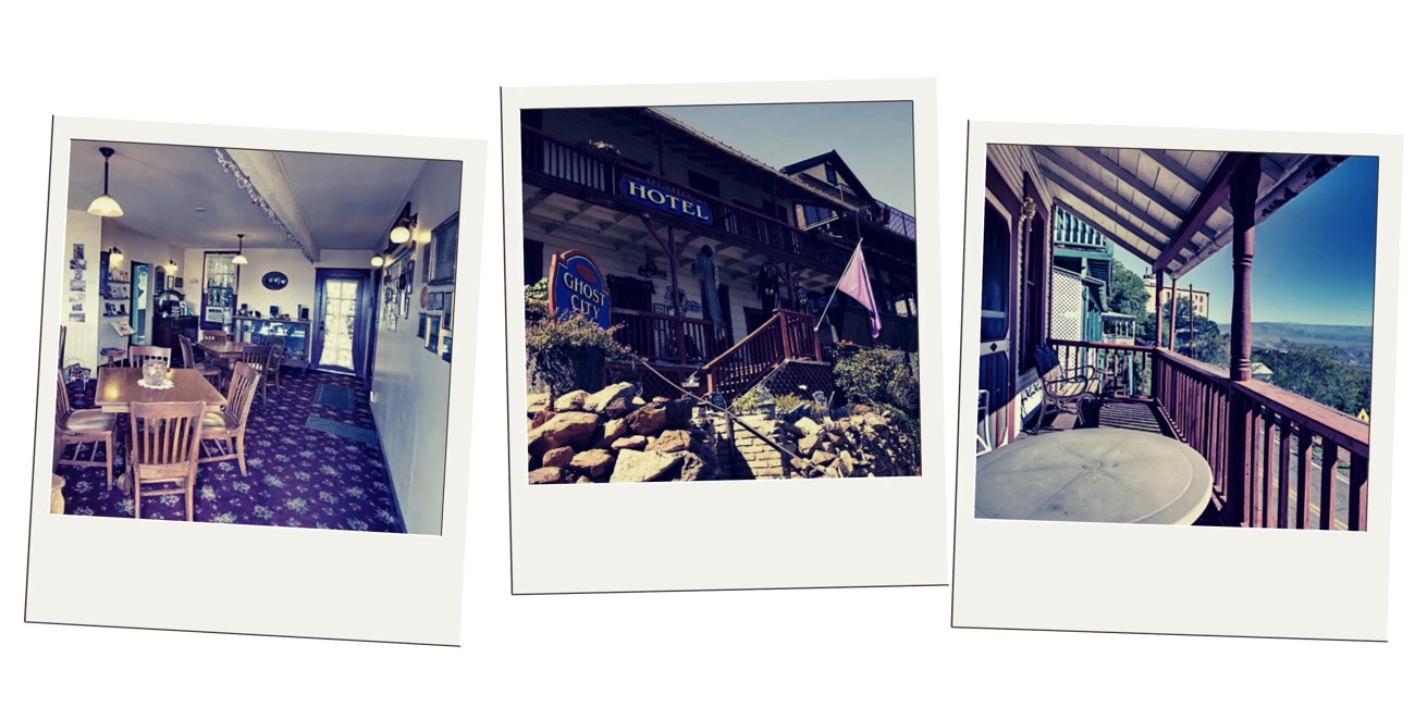 Three Polaroids of the Ghost City Inn, its parlor, and a porch overlooking the hills