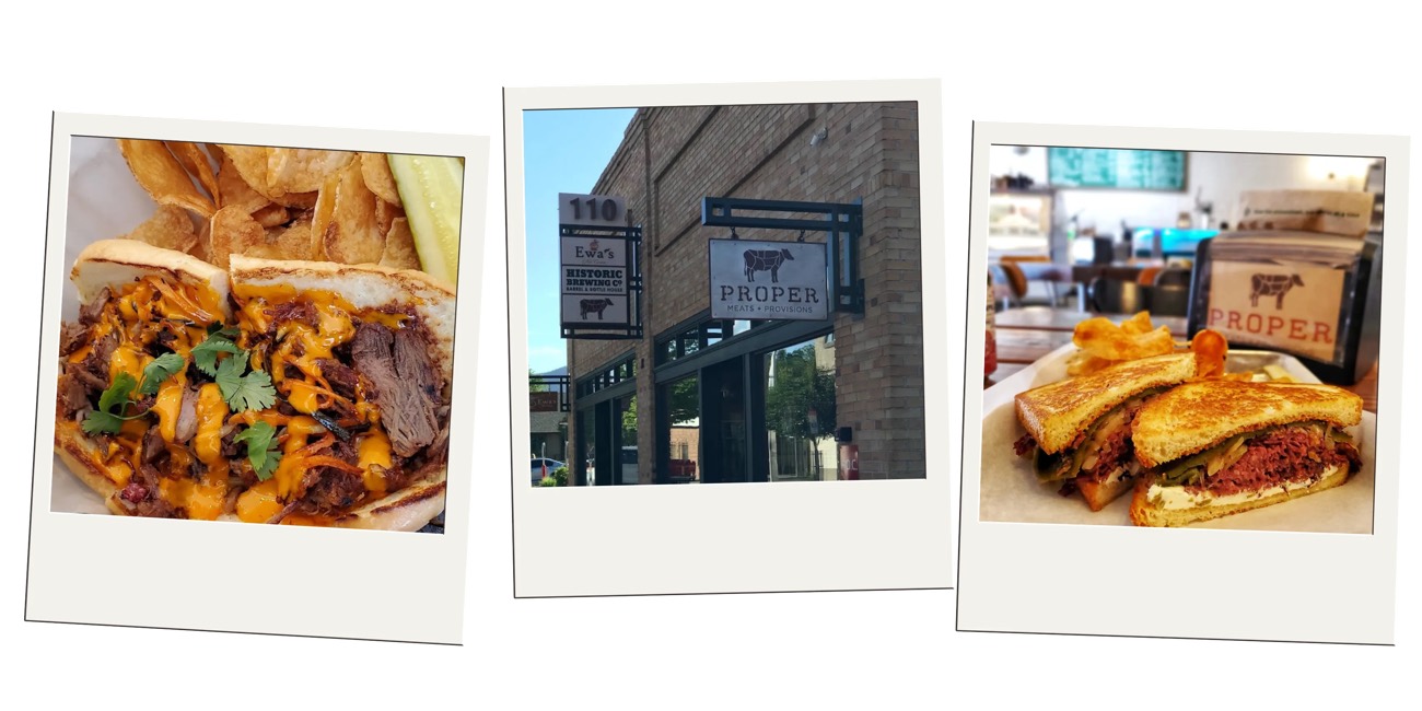 Polaroid trio of pulled pork sandwich, Proper Meats storefront sign, and a pastrami melt