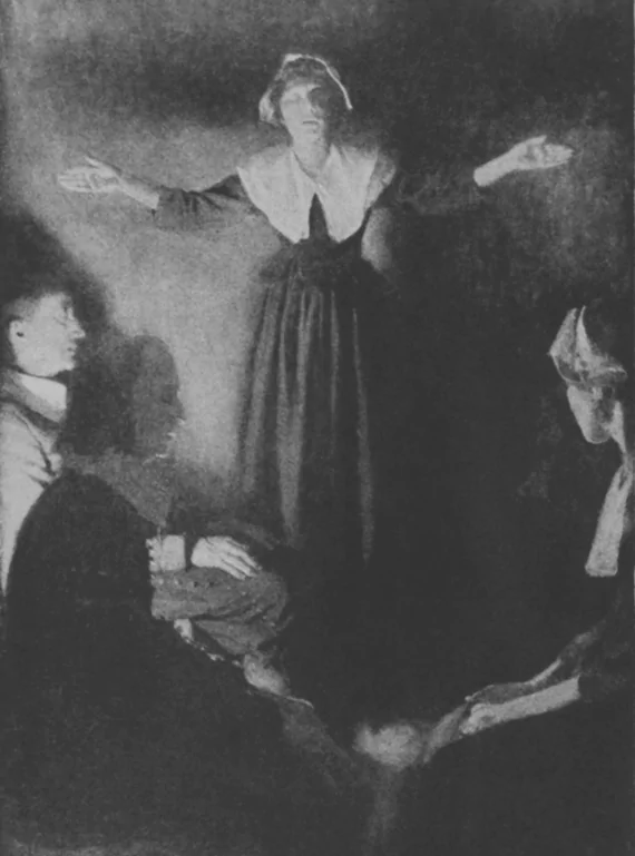 A woman in a dark Puritan gown and white cap stands with arms outstretched over seated onlookers in a shadowy period print of a Salem trial scene