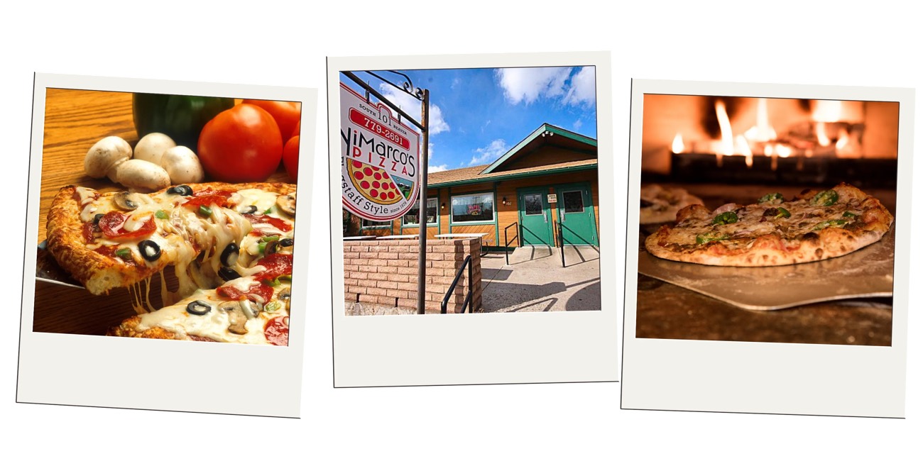 Polaroid trio of loaded pizza slices, a NiMarco's Pizza sign, and wood-fired pizza