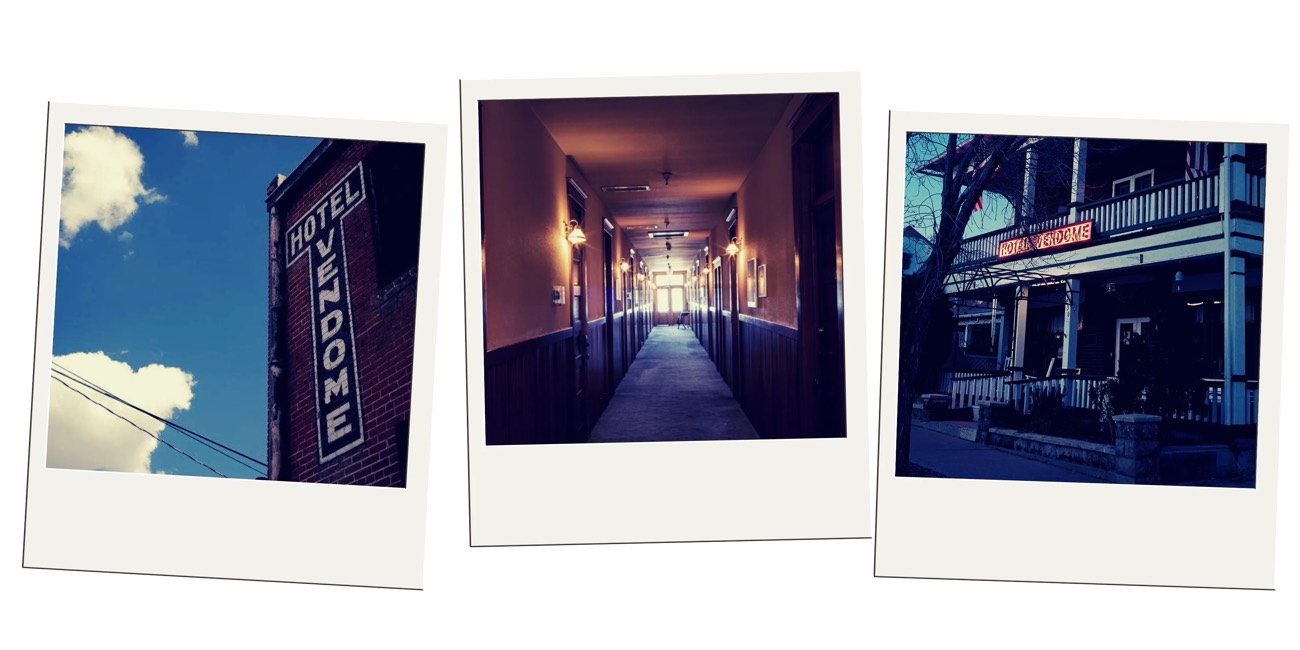 Polaroids of the Hotel Vendome sign, an interior hallway, and the building facade