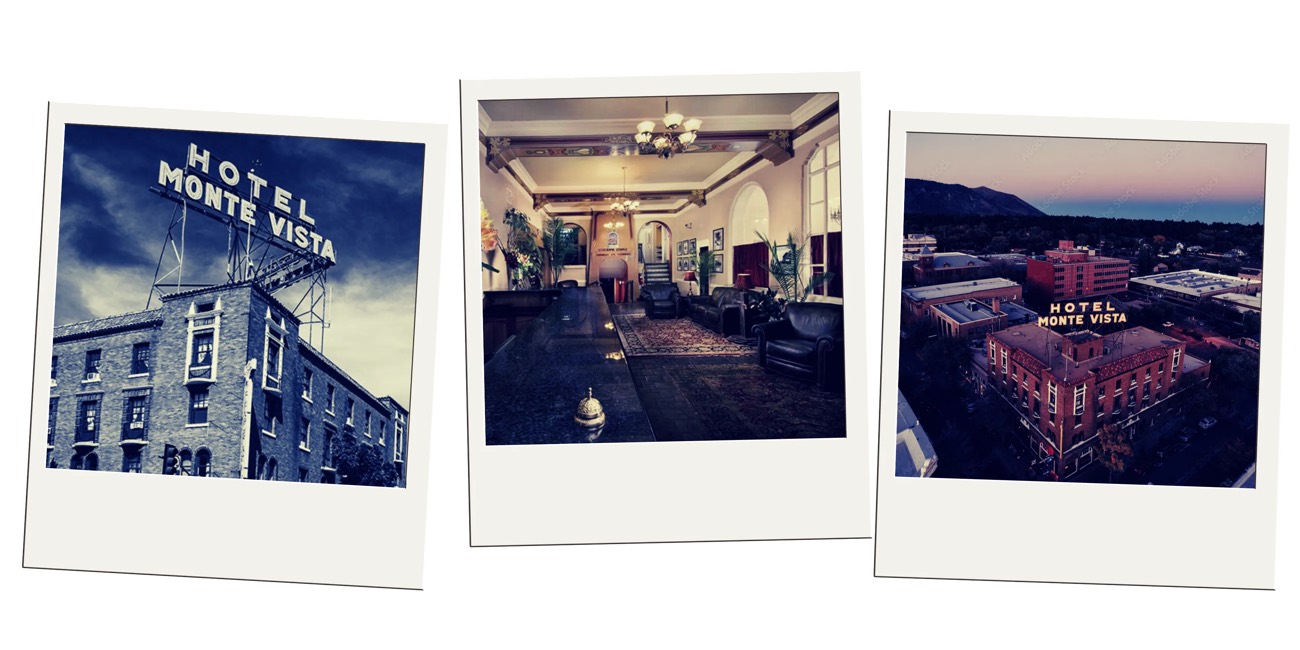 Hotel Monte Vista sign, lobby, and downtown Flagstaff exterior in three polaroid frames