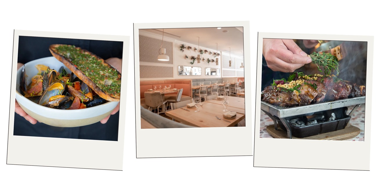 Polaroid trio of mussels in broth, a bright dining room, and a chef plating grilled meat