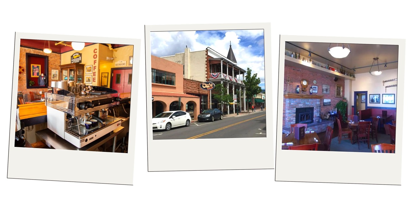 Polaroid trio of a cafe espresso bar, a downtown brick storefront, and a restaurant interior