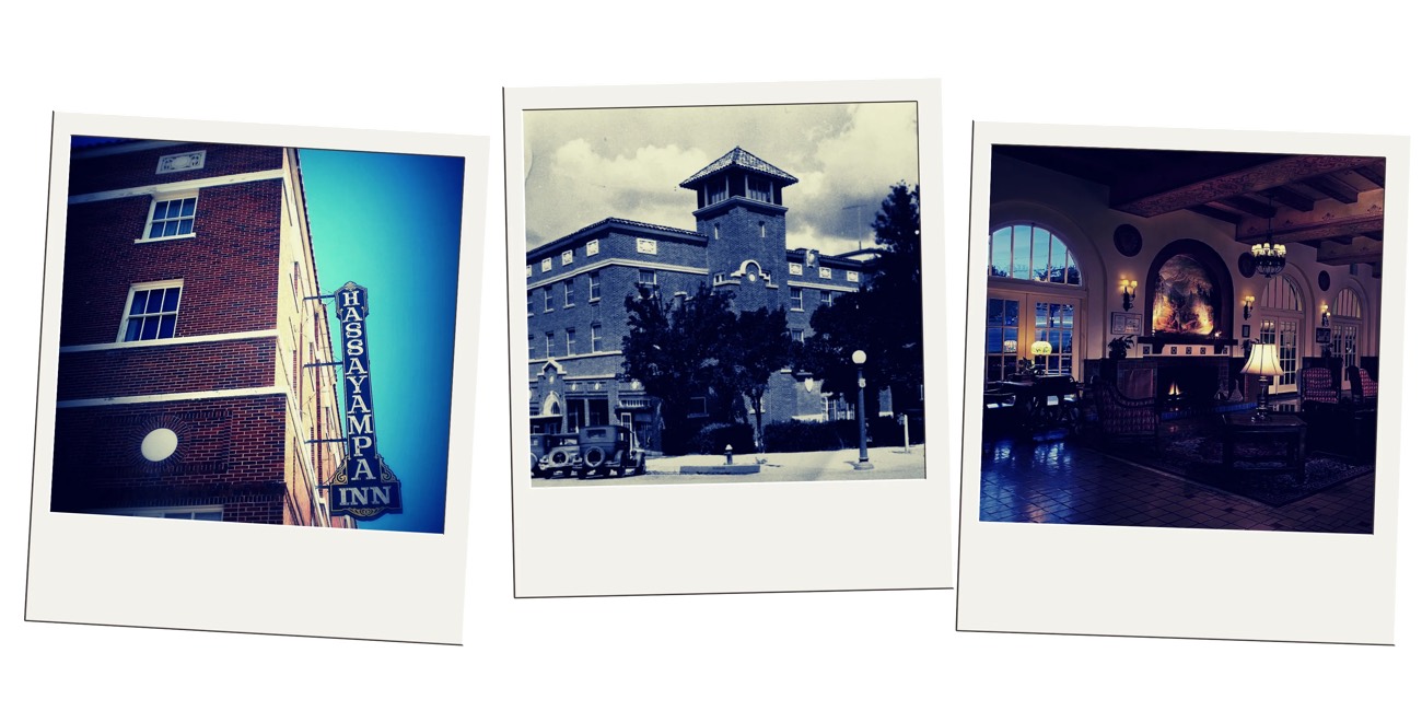 Three polaroids of the Hassayampa Inn in Prescott, its sign, tower exterior and lobby