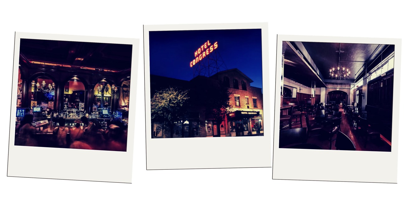 Hotel Congress neon sign and interior lounge in Tucson at dusk