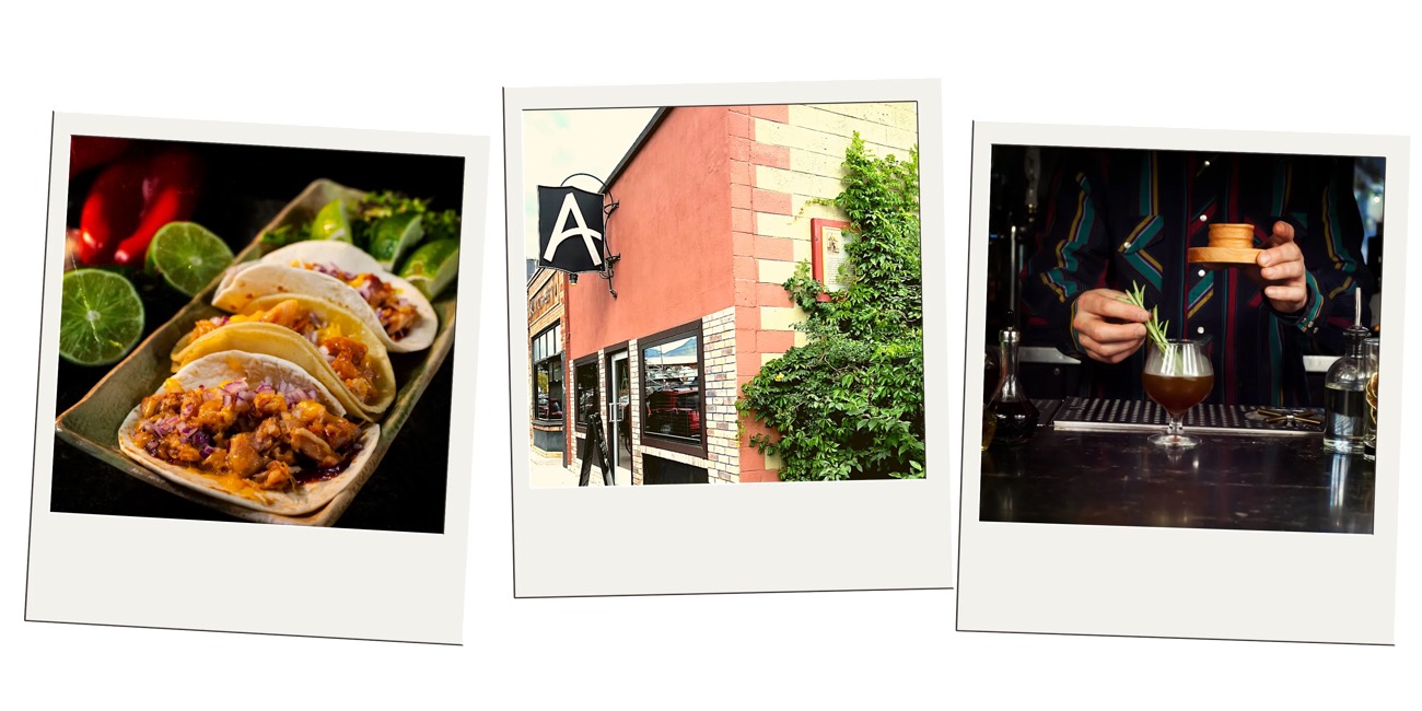 Polaroid collage of street tacos, a lounge exterior with an A sign, and a bartender garnishing a cocktail