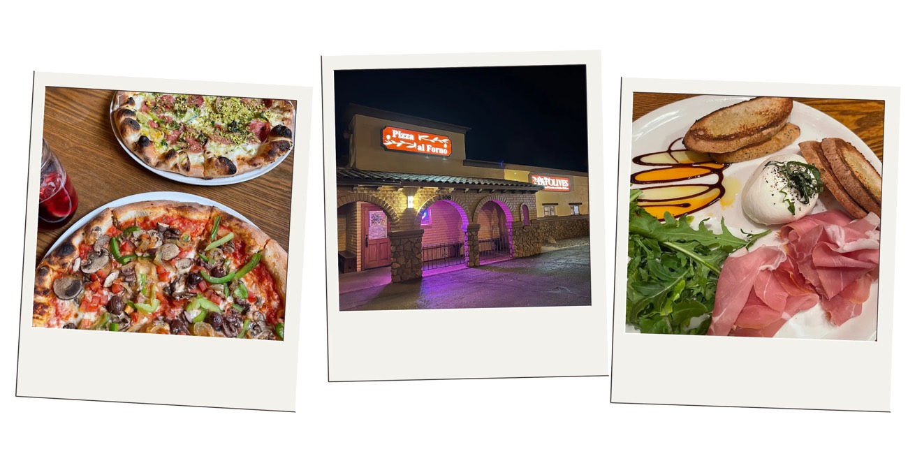 Polaroid collage of specialty pizzas and an Italian restaurant exterior at night