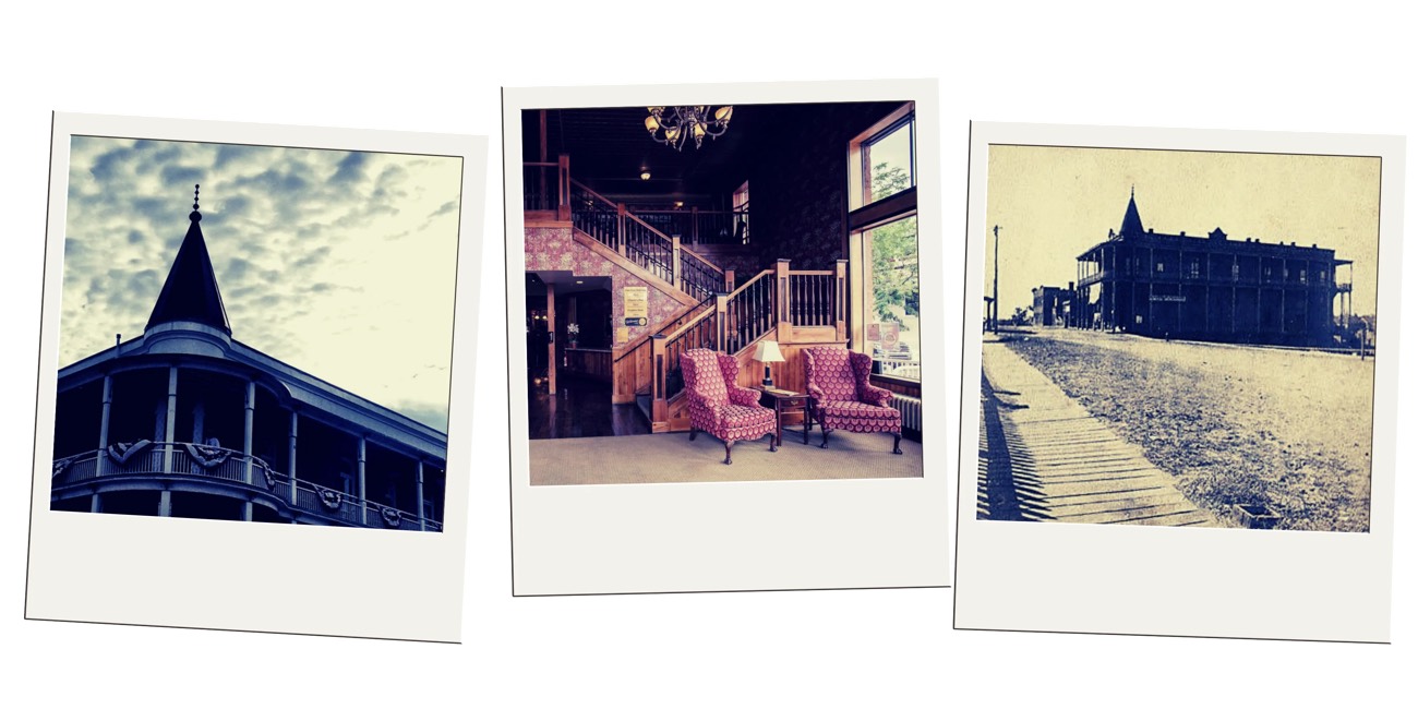 Instant-photo frames of a historic hotel turret, a wood-staircase lobby, and a sepia street view