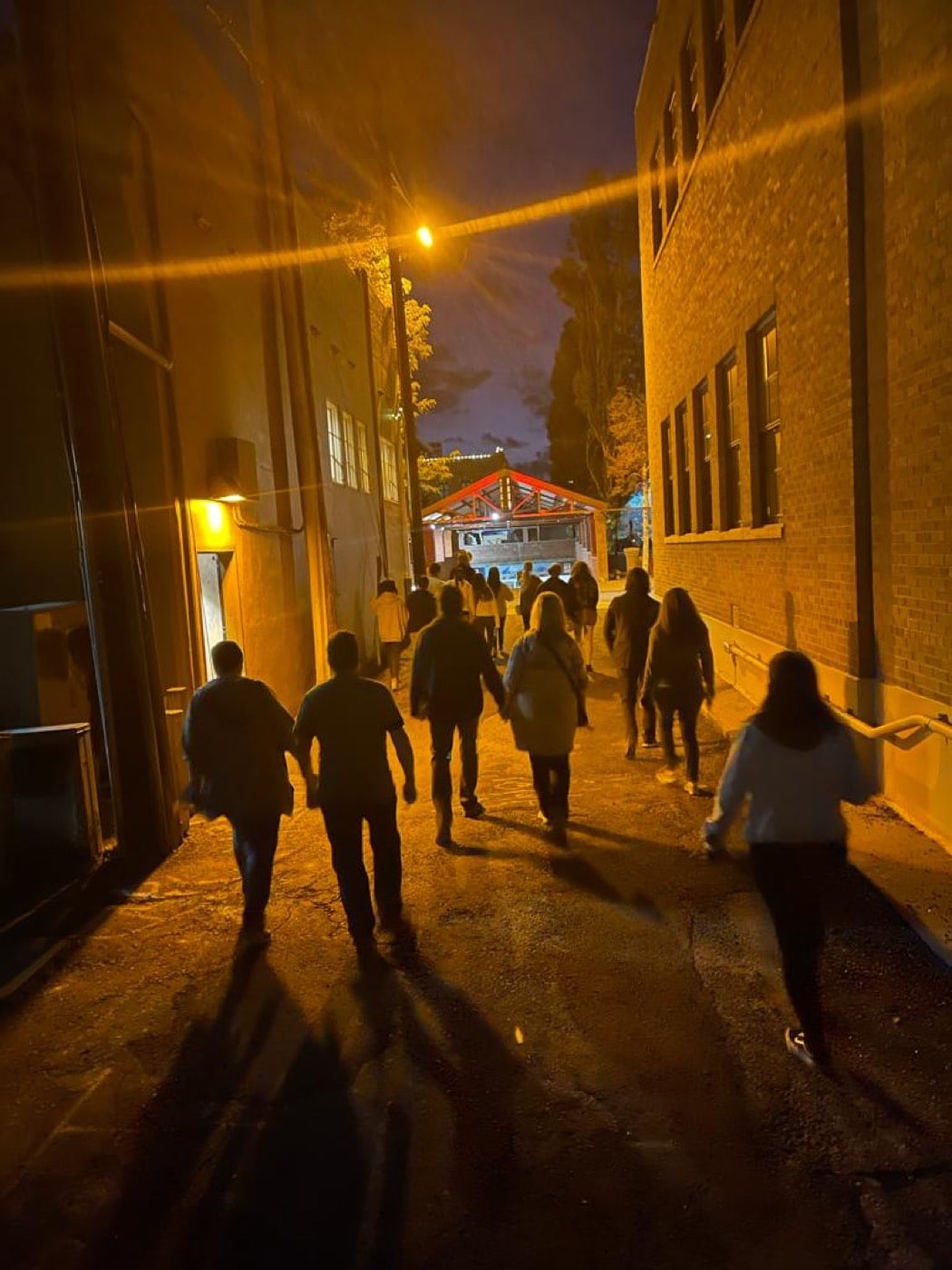 The group slips down a lamplit alley behind downtown's brick storefronts, chasing the next stop on the night's route.