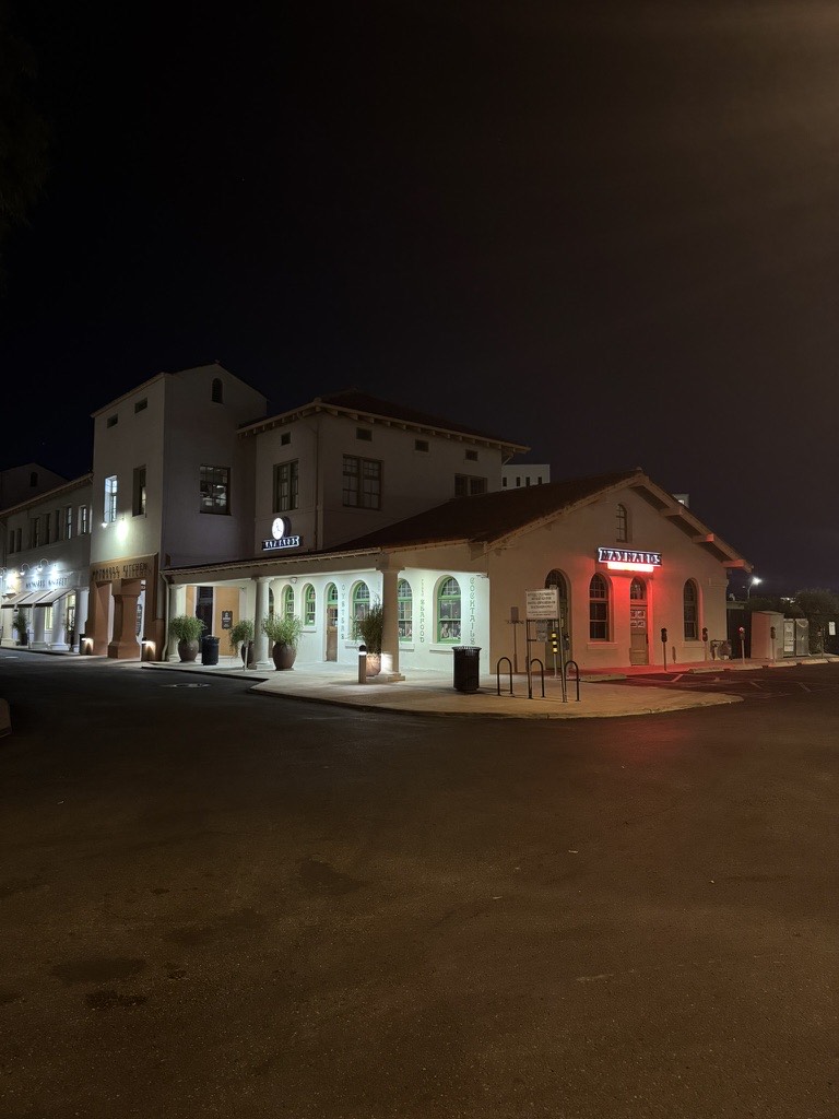 The historic Southern Pacific train depot at night in Tucson