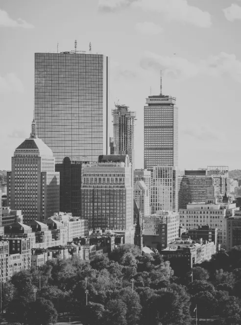 Boston's downtown skyline in black and white, a dark glass slab tower and a taller stepped high-rise standing over brick rooflines and a broad canopy of park trees