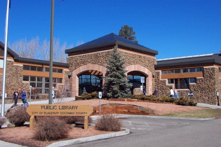 Flagstaff City-Coconino County Public Library building under a blue sky